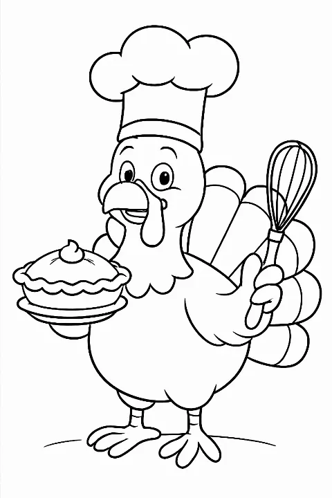 A cartoon turkey chef wearing a hat and holding a pie on a turkey chef thanksgiving coloring page.
