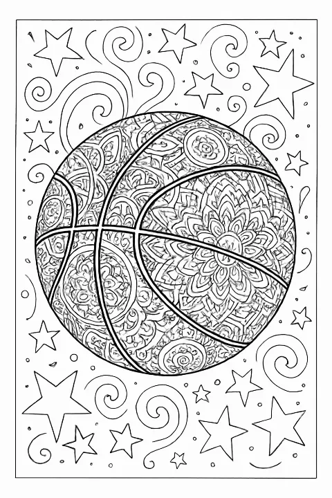 Highly detailed basketball pattern coloring page with intricate mandala elements and bold, clean lines.