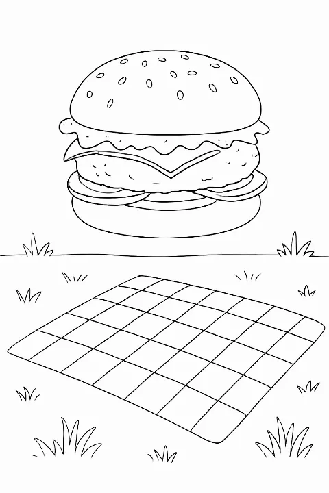 A detailed floating picnic burger coloring page with clean outlines and a simple background.