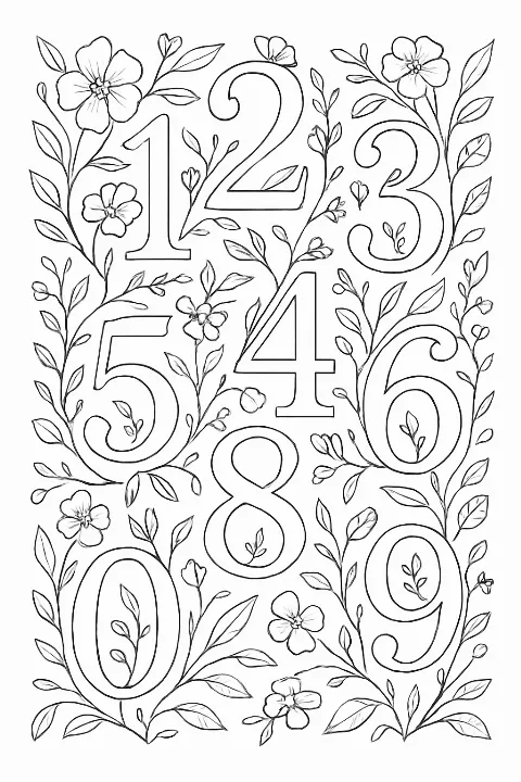 Intricate botanical numbers coloring page featuring elegant floral vines and wild flowers for teens and adults.