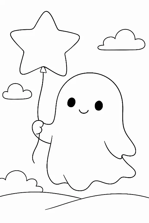A friendly ghost holding a star balloon on a ghost holding balloon coloring page.