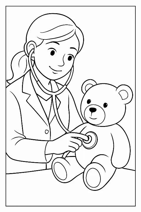 A friendly pediatrician examining a teddy bear on a pediatrician coloring page.