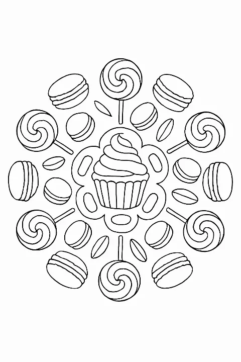 A detailed sweets mandala coloring page featuring cupcakes and candy swirls with bold lines.