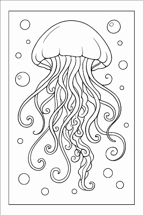 Detailed jellyfish coloring page with swirling tentacles and bubbles.