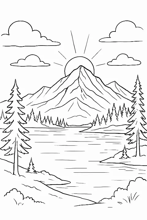 A serene landscape featuring jagged peaks and a reflective lake in this relaxing mountain sunset coloring page.