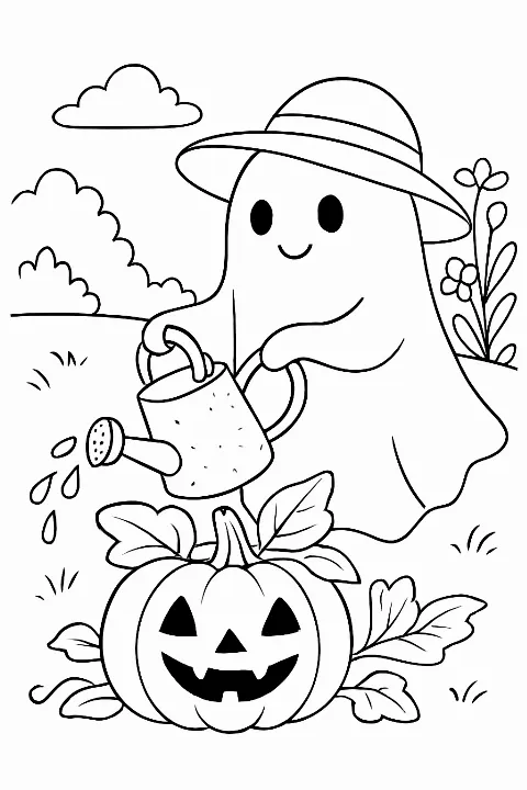 A friendly ghost gardening in a pumpkin patch on a ghost gardening coloring page.