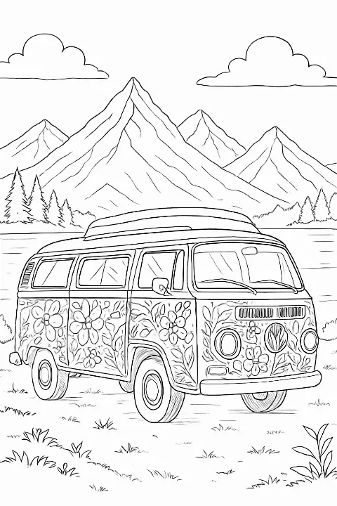 Detailed camper van coloring page featuring floral designs and a mountain landscape.