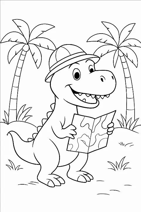 A cute cartoon dinosaur with a safari hat on a detailed cartoon dinosaur coloring page.