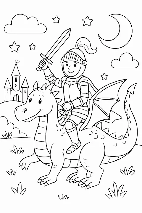 A detailed knight and dragon coloring page with bold lines and a whimsical fantasy scene.