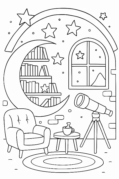 A cozy moon library featuring a bookshelf and telescope in this fun moon library coloring page.