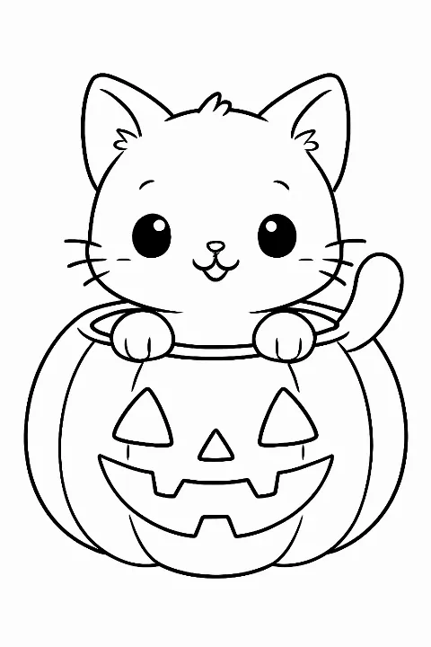 A cute pumpkin cat coloring page featuring a happy kitten inside a carved jack-o'-lantern.