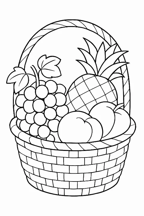 A beautiful fruit basket coloring page featuring a pineapple and grapes with clean lines.