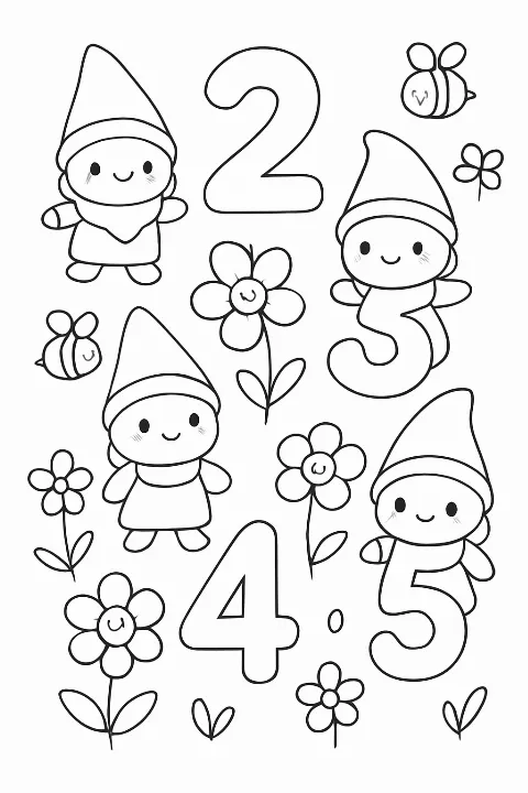 Cute garden gnomes shaped like numbers on a fun counting garden coloring page.