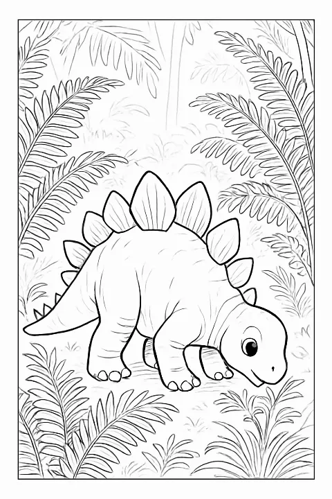 A realistic baby stegosaurus in a forest for a baby stegosaurus coloring page.