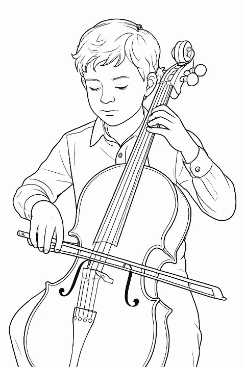 A realistic boy playing a cello in a detailed coloring page format.