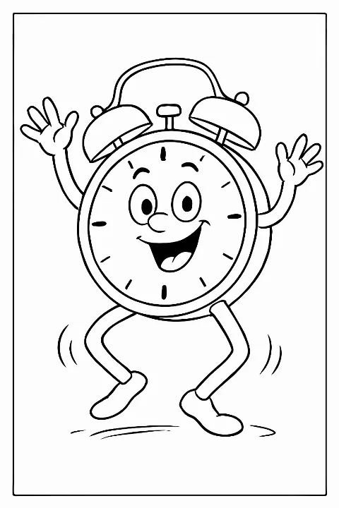A happy alarm clock character wearing sneakers on a clocks coloring page.