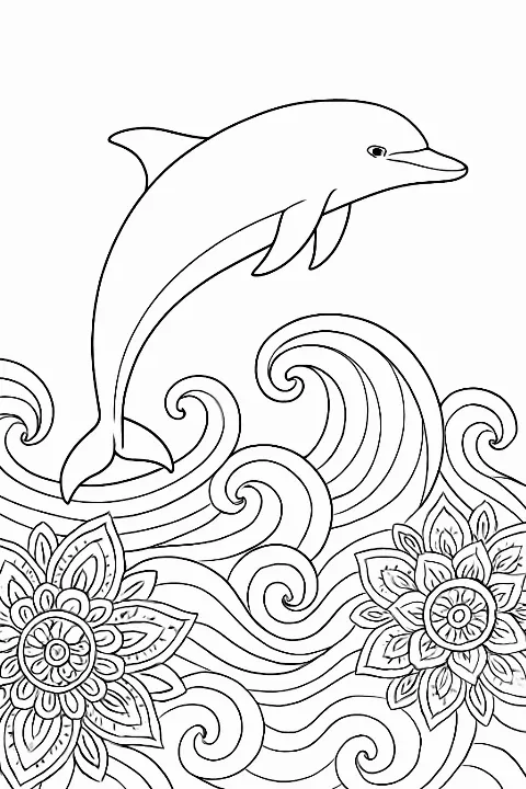 A sophisticated dolphin coloring page featuring clean lines and stylized ocean waves for artistic coloring.