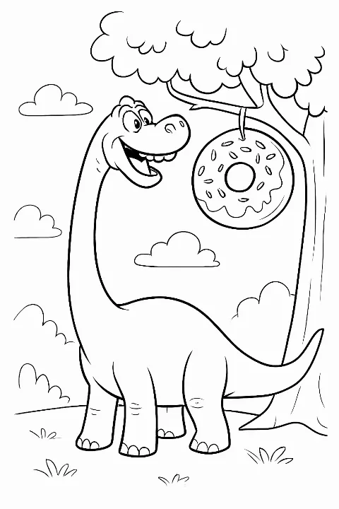 A happy Brachiosaurus reaching for a donut in this fun brachiosaurus coloring page.