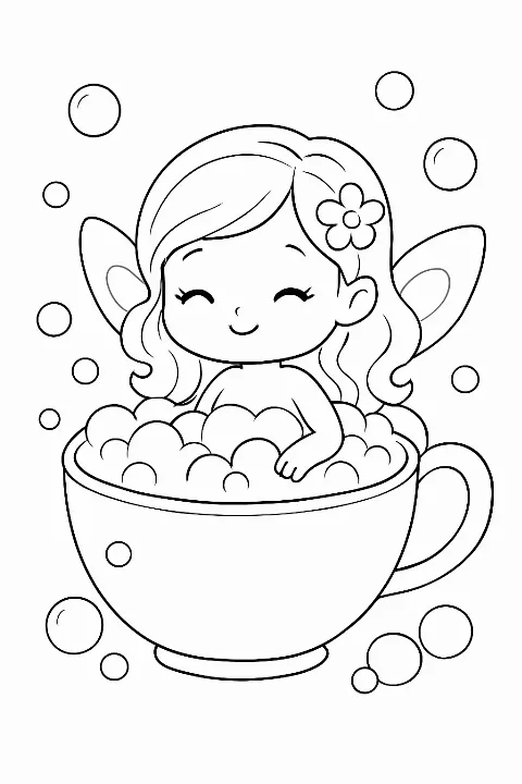 A cute fairy relaxing in a teacup bubble bath coloring page with clean lines.