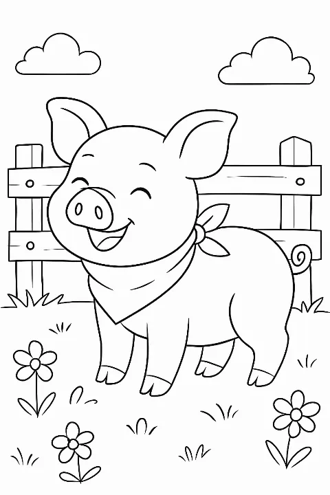 A cute piglet on a farmyard background featured on a printable pig farm coloring page.