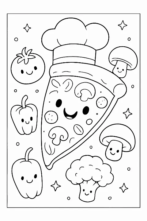 A cute smiling pizza slice chef in this fun, detailed pizza party coloring page for all ages.