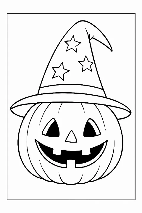 A happy witch jack o lantern coloring page with a star-patterned hat and large, easy-to-color sections.