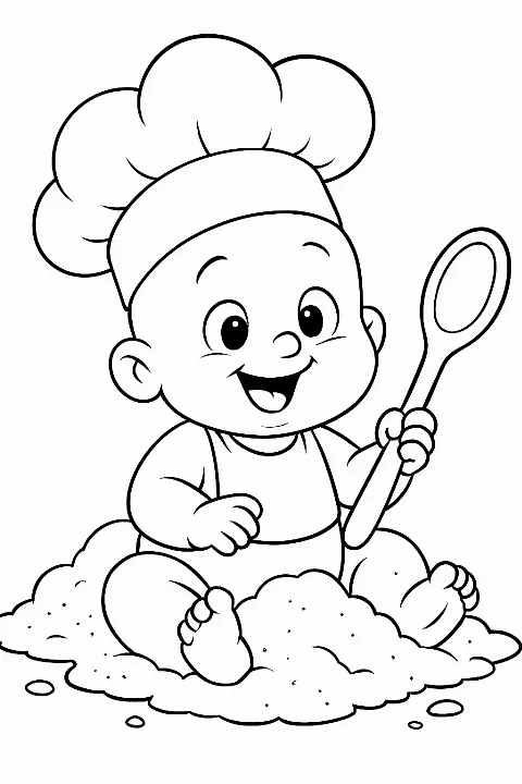 A cute baby wearing a giant chef hat surrounded by flour for a baby chef coloring page.