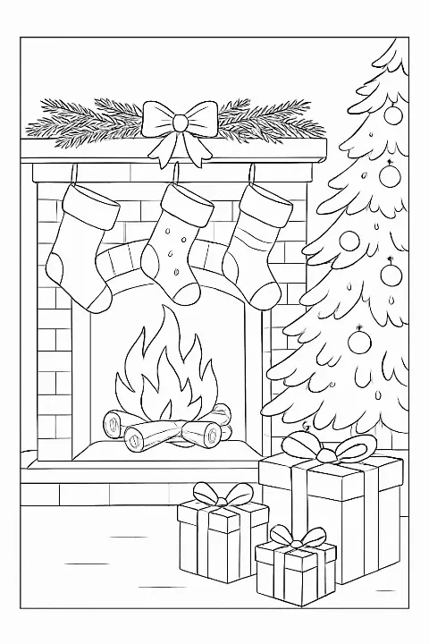 A peaceful winter holidays coloring page featuring a cozy fireplace decorated for the season.