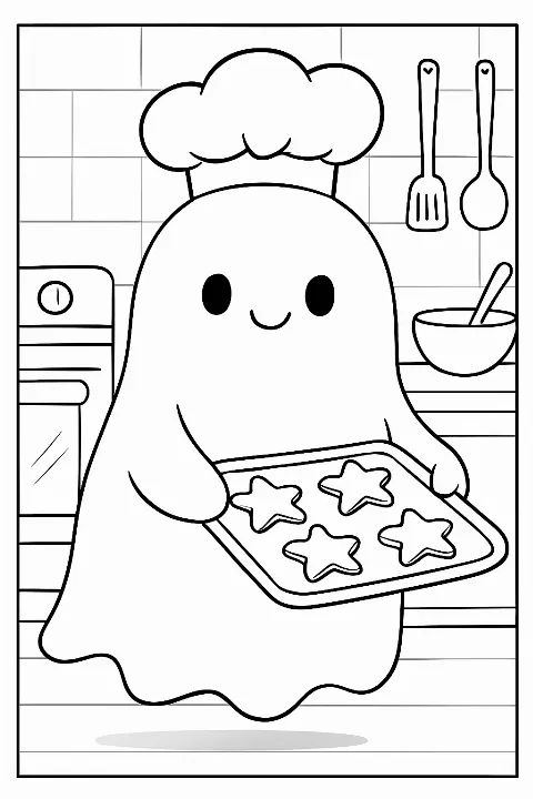 A friendly ghost wearing a chef hat holding a tray of cookies in this fun ghost baking cookies coloring page.