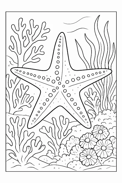 Detailed black and white illustration of a starfish for a starfish coloring page.