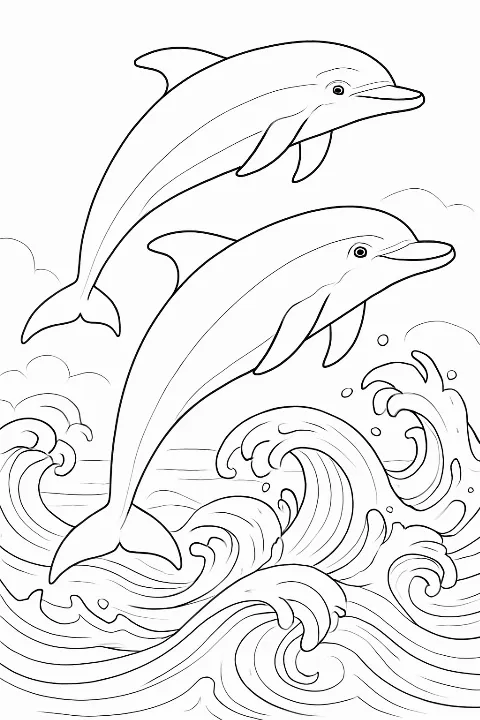 A highly detailed leaping dolphins coloring page featuring two dolphins jumping gracefully over ocean waves.