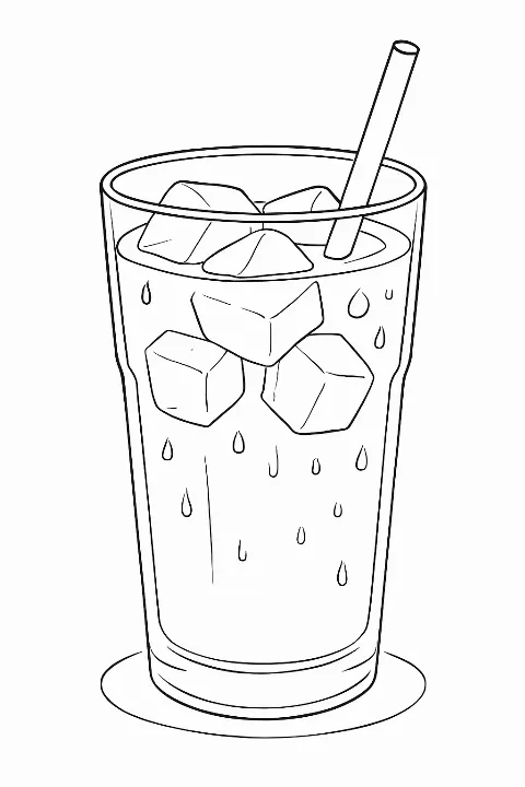 Detailed iced coffee coloring page featuring a tall glass with ice cubes and a straw.