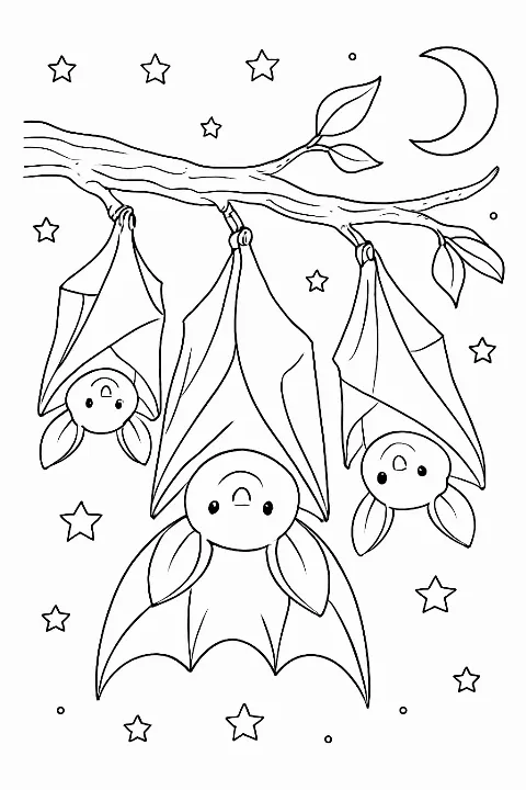 A friendly bat coloring page featuring cute winged creatures hanging from a branch under a crescent moon.