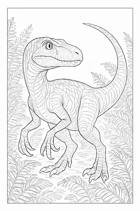 A detailed and realistic velociraptor coloring page set in a prehistoric jungle environment.