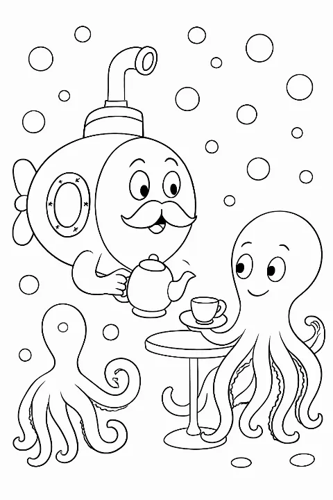 A happy submarine serving tea to an octopus in this submarine tea party coloring page.