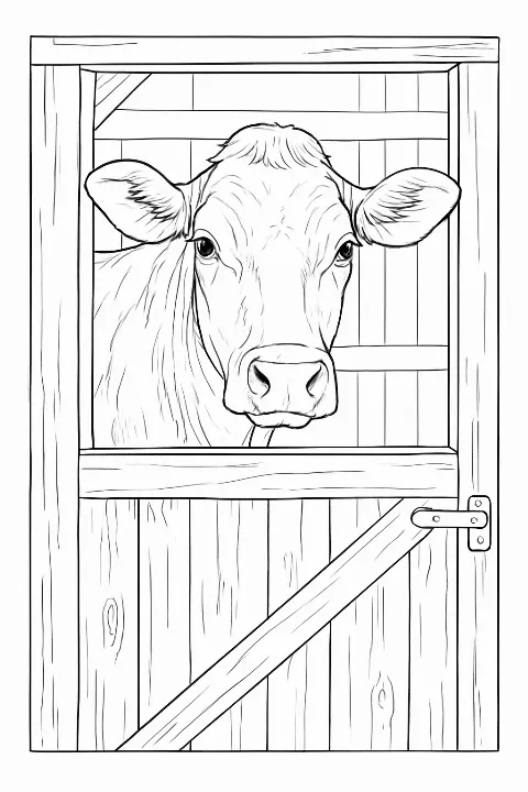 A realistic cow in a barn coloring page featuring clear lines and a rustic stable setting.