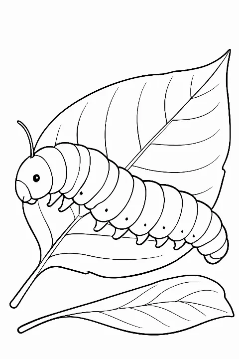 A detailed, realistic caterpillar resting on a garden leaf, perfect as a caterpillar coloring page for all ages.