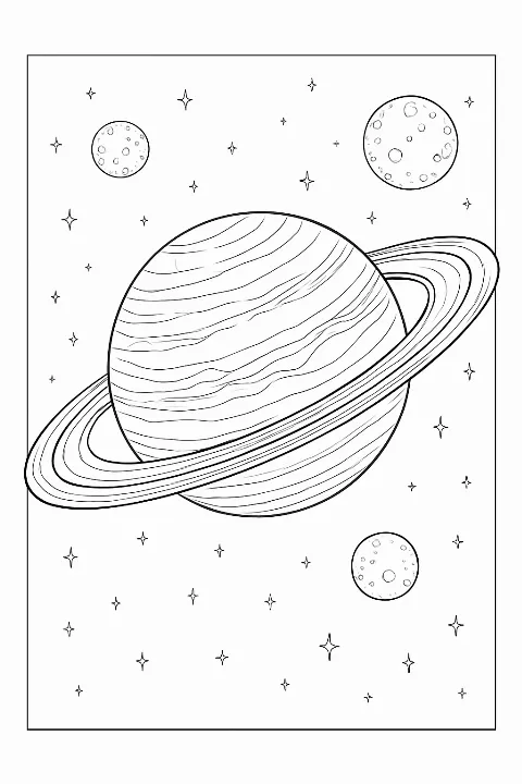 Detailed ringed planet coloring page featuring realistic craters and atmosphere.