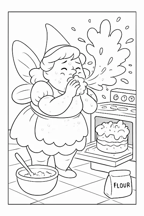 A funny, flour-covered fairy in a kitchen on a fairy baking coloring page.
