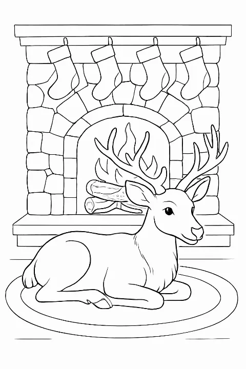 A peaceful reindeer resting by a crackling fireplace on this festive reindeer by the fireplace coloring page.