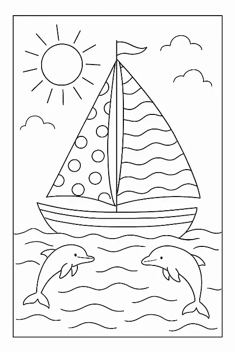 A detailed sailboat coloring page featuring waves and friendly dolphins in a clean line art style.