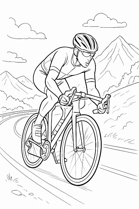 A professional road cyclist coloring page featuring a racer in aerodynamic gear on a winding mountain road.