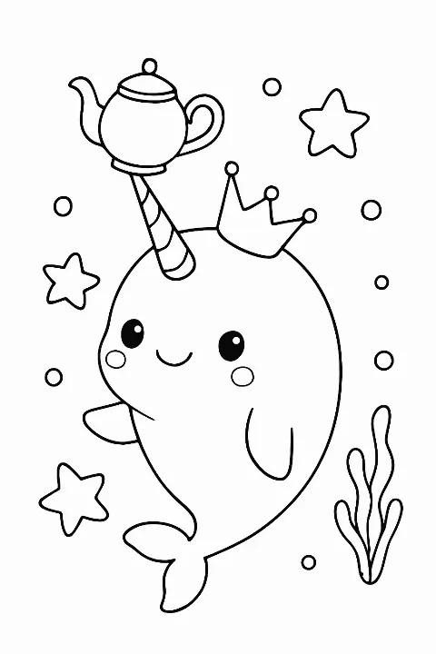 A happy narwhal wearing a crown in this cute narwhal coloring page.