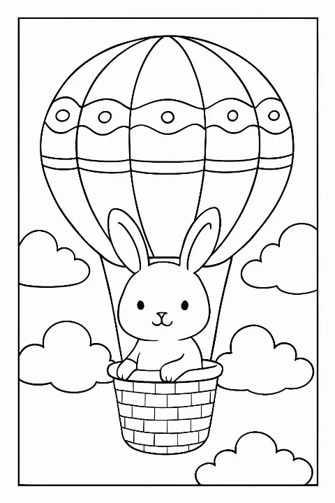 A happy rabbit in a patterned hot air balloon on a simple sky background in this printable rabbit hot air balloon coloring page.