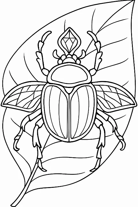 A decorative jewel scarab beetle coloring page with bold lines and large spaces.