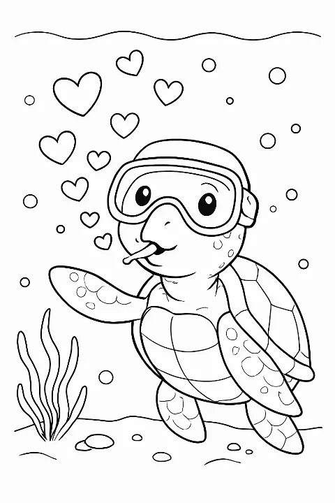 A cute cartoon turtle wearing snorkeling goggles for a sea turtle coloring page.