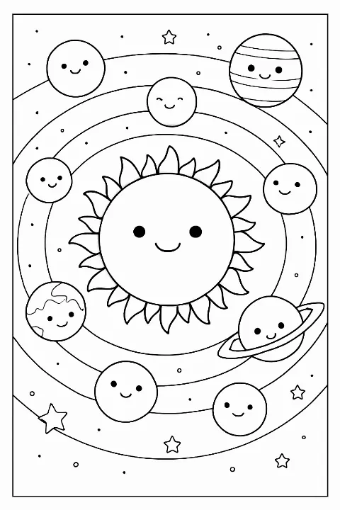 A detailed solar system coloring page featuring planets and stars for kids.