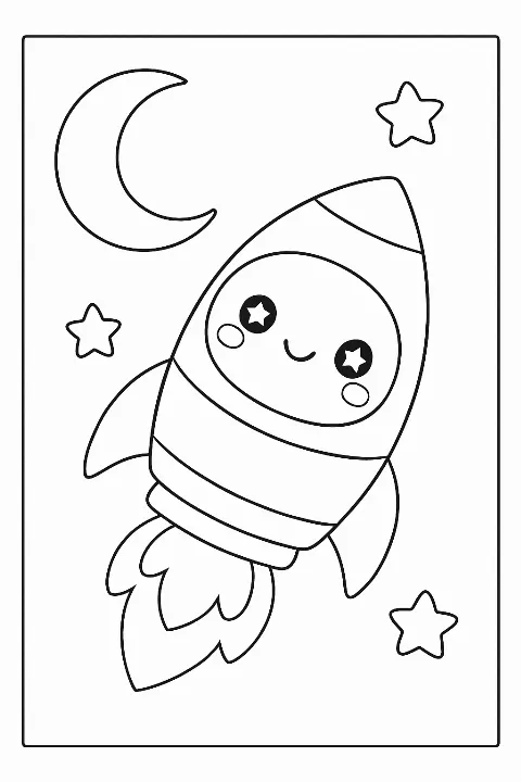 A happy cartoon rocket flying through space in this cute rocket ship coloring page.