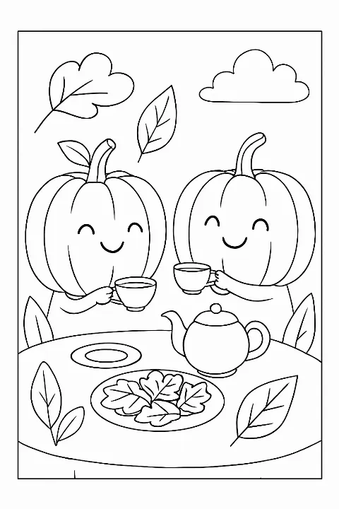 A cute pumpkin tea party coloring page featuring smiling jack-o-lanterns with cookies.