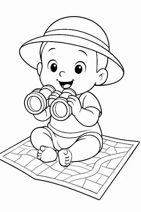 A cute baby wearing a hat and binoculars on a large map in this baby explorer coloring page.